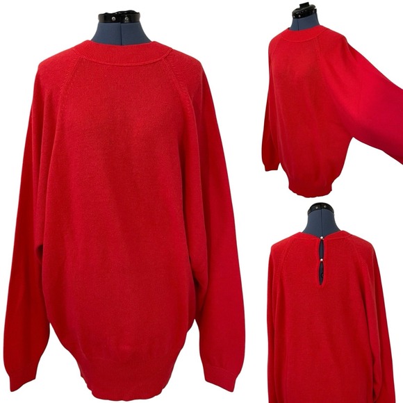 VTG Red Boxy Oversized Balloon Sleeve Sweater Wool Angora Pearl Keyhole Neck L - Picture 1 of 15